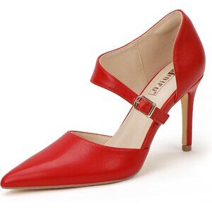 Women's Red Pu High Stiletto Heels Pumps Pointed Buckle Comfortable Shoes
